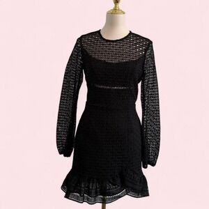 Bardot Black Lace Long Sleeve Mini Dress - M/8